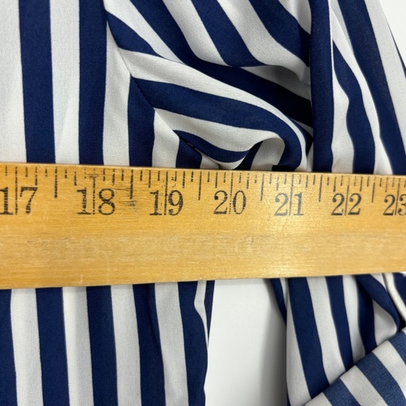 BCX Juniors Medium Button Front Shirt Blue White Stripe V-Neck Pockets Roll Tab - Picture 9 of 10